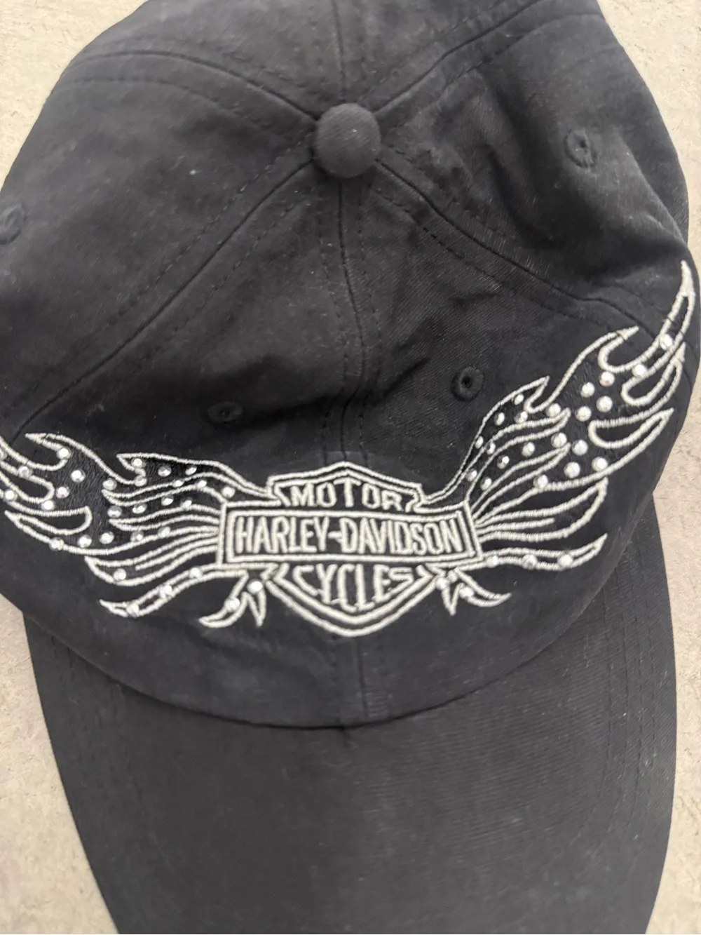 Black Harley Davidson LogoAdjustable Baseball Hat with Rhinestone Trim One Size